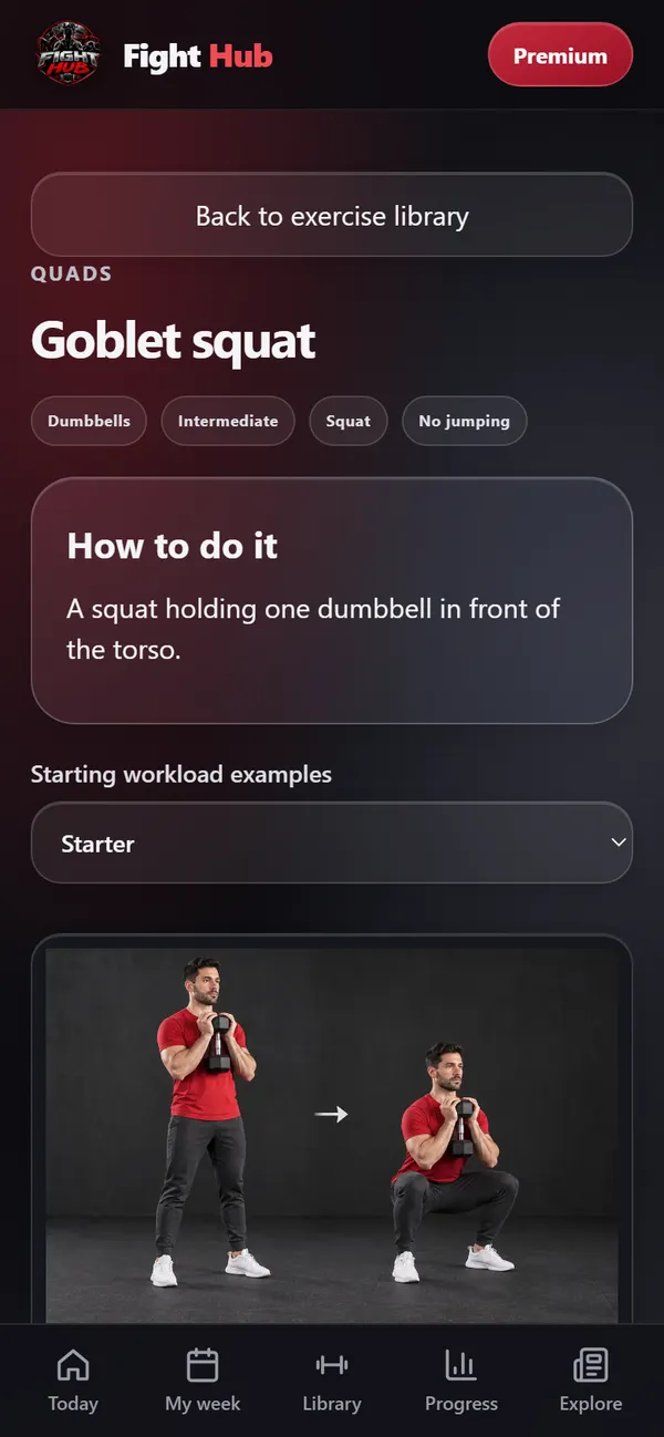 The Fight Hub app showing the goblet squat with its illustration